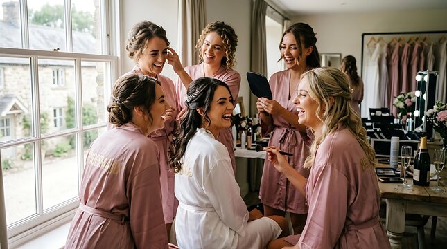 Bride and bridesmaids preparing for wedding day with makeup and laughter in elegant dressing room