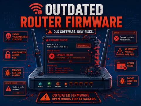 Illustration of a router with outdated firmware, highlighting security risks and errors.