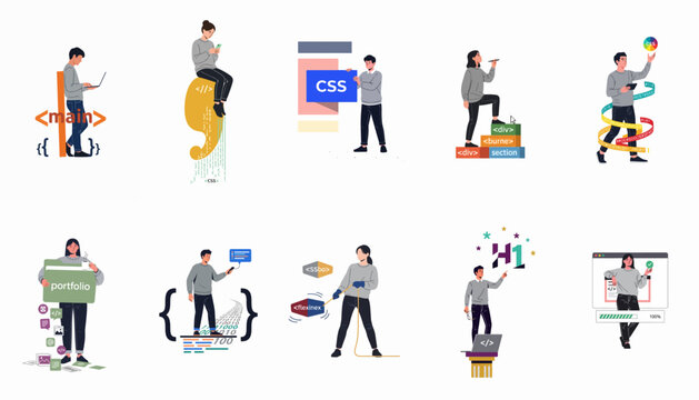 Set of creative flat vector illustrations depicting male and female web developers working with HTML, CSS, and various coding elements on white background.