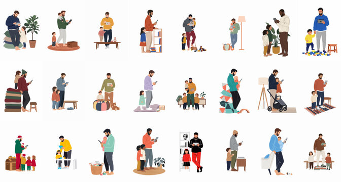 A collection of various fathers using smartphones and tablets while spending time with their young children at home, flat vector illustration style.