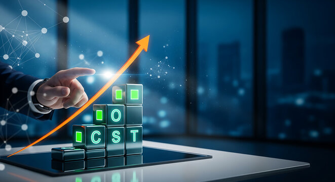 Business professional's hand pointing at stacked glowing COST cubes with a rising orange growth arrow, night office backdrop