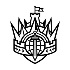 Fototapeta premium Heraldic Emblem: Sword, Globe, Castle Tower with Flag, Crest, Shield