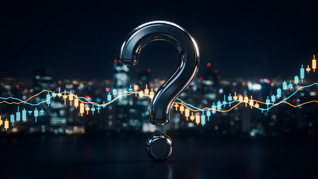 A large silver question mark against a city skyline with financial charts