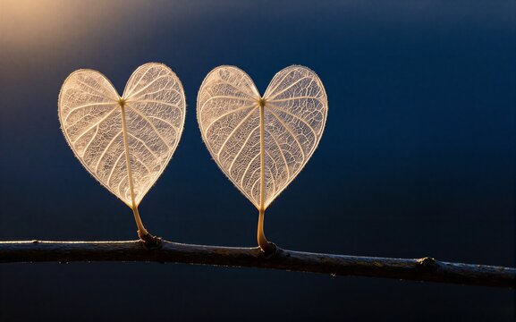 Two heart-shaped leaves glow softly on a branch against a dark, serene backdrop.