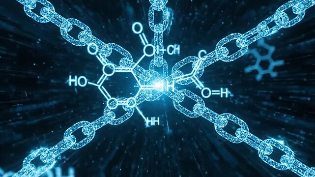 Digital blue chains and chemical formulas represent secure blockchain technology