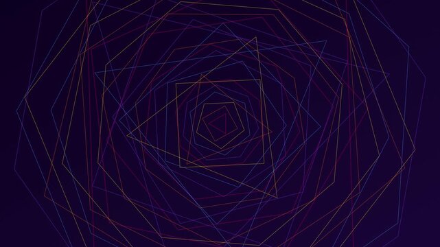 Neon geometric tunnel background: pulsing abstract pentagons in motion, cyberpunk digital loop for modern tech presentations and visual effects