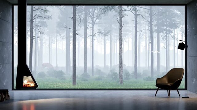 3d animation render of a modern luxury living room with panoramic glass wall overlooking a misty pine forest, deer in nature, cozy fireplace, minimalist interior, and peaceful woodland scenery.