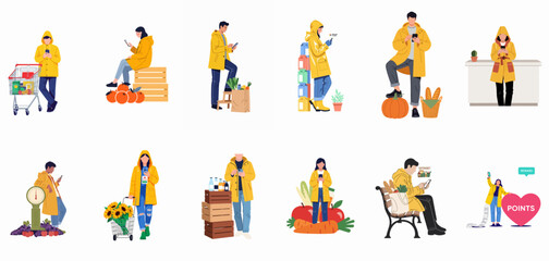 Fototapeta premium Illustration set of people in yellow raincoats using smartphone apps while grocery shopping, featuring reward points, fresh produce, and modern retail technology.