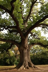 Fototapeta premium Massive old oak tree with thick trunk and widespread branches full of green leaves stands in a sunlit forest clearing. Its ancient roots anchor it firmly to the ground.