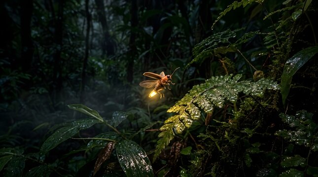 Bioluminescent firefly glowing in a dark misty tropical jungle at night