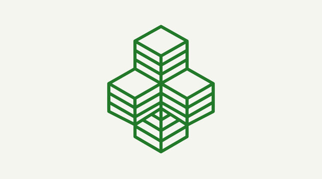 Isometric green line art stack of paper documents or block elements