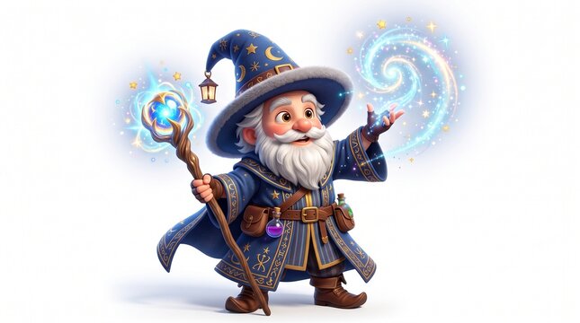 Cartoon wizard casting magical spell with glowing staff