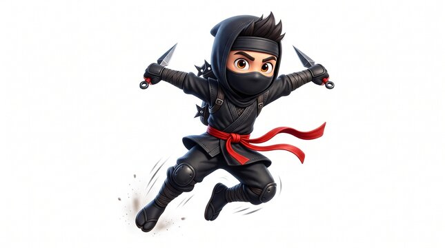 3D Cartoon Ninja Leaping with Kunai Daggers