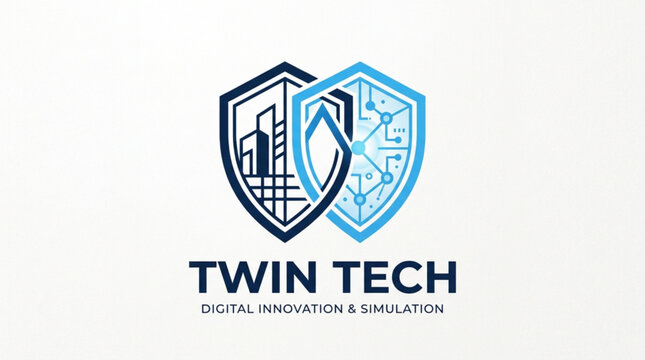 Digital twin technology logo featuring interlocking shields representing urban simulation and advanced circuitry connectivity for modern software solutions