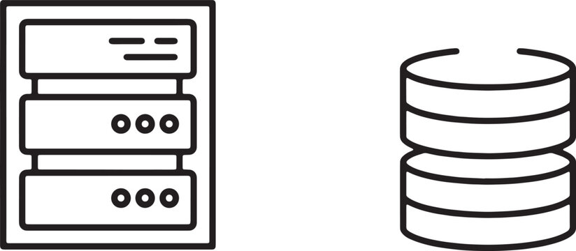 Art & Illustration, Stacked database server tower and cylinder network cloud storage disk array line art. Big data hosting center, IT mainframe infrastructure, and hardware technology.