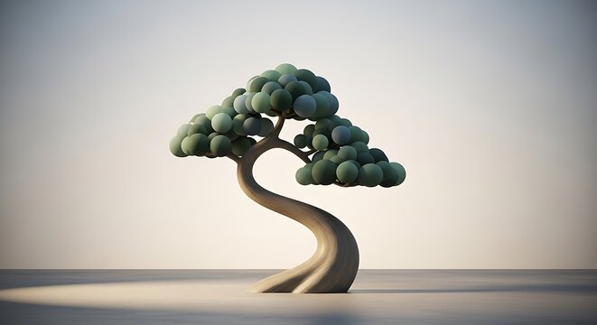 Abstract Minimalist Bonsai Tree with Rounded Foliage, Modern Zen Nature Illustration, Elegant Japanese Inspired Botanical Art on Neutral Background