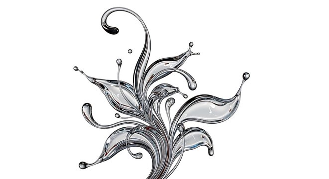 Abstract Liquid Chrome Ornamental Plant with Flowing Metallic Leaves, Futuristic Silver Botanical Sculpture, Luxury Minimal 3D Illustration on White Background