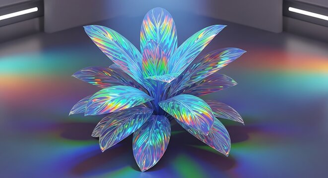 Futuristic Holographic Ornamental Plant with Iridescent Rainbow Leaves, Prism Light Reflections, Modern Botanical Art, Abstract Luxury Interior Illustration