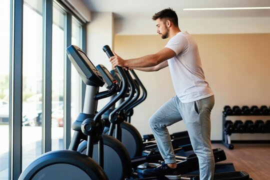 Man uses elliptical trainer in gym. He exercises for cardio fitness to improve health, lose weight. Person works out on stationary bike in modern fitness center. Goals include muscle tone, stamina.