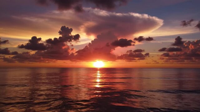 Mesmerizing sunset over tranquil ocean waters with vibrant golden and reddish hues casting reflections