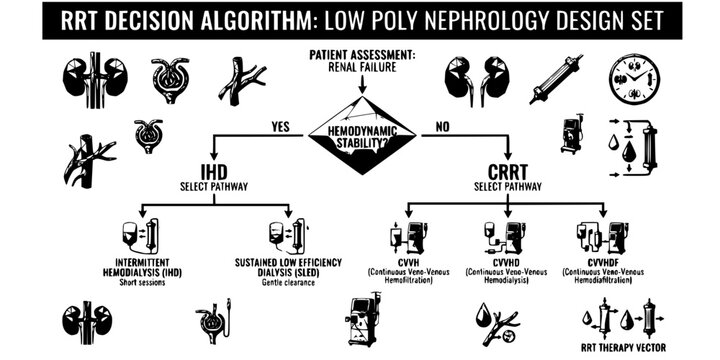 RRT Decision Algorithm Low Poly Black White-Node CRRT IHD Select Pathway-Therapy Vector-RRT Icon Low Poly-Nephrology Design Set