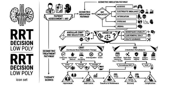RRT Decision Algorithm Low Poly Black White-Node CRRT IHD Select Pathway-Therapy Vector-RRT Icon Low Poly-Nephrology Design Set