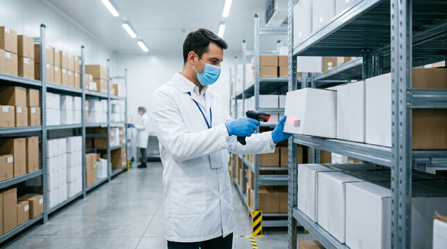 Male worker in white lab coat, face mask, and blue gloves using handheld scanner on barcode of a white box in a bright industrial warehouse with metal shelving and storage units.