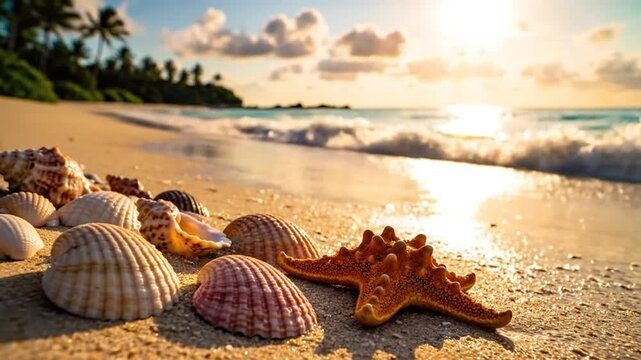 Tranquil beach scene with seashells, starfish, and gently lapping waves under a golden sunset glow