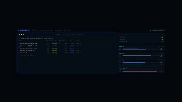 Kubernetes Monitor Terminal Animation - Container Orchestration CLI 4K Seamless Loop