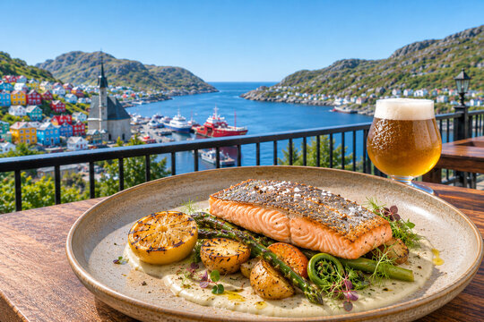 Premium Arctic Char Fine Dining with Craft Beer on Rooftop Terrace Overlooking Newfoundland and Labrador Harbor, Canada