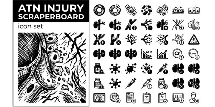 ATN Kidney Injury Scraperboard Black White-Tubule Cell Death Ischaemia Shut-Nephrotoxic Vector-ATN Icon Scraperboard-Nephrology Design Set