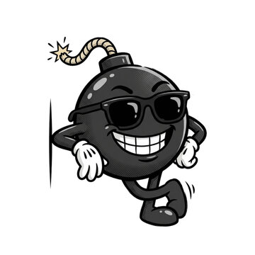Cool Bomb Character: A cartoon bomb with sunglasses and a mischievous grin leans casually against a wall, radiating a cool and edgy vibe.