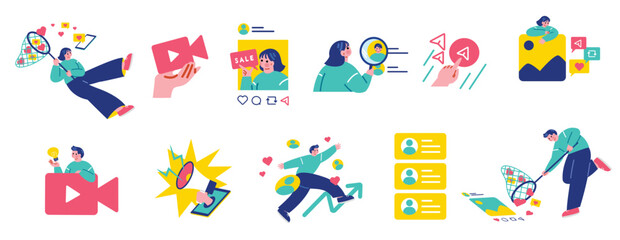 SNSを活用する人々のイラストセット © Sami