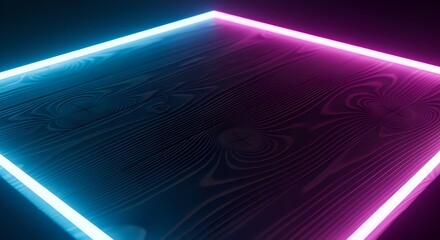 Naklejka premium Neon-lit wooden stage with pink and blue glowing borders in darkness