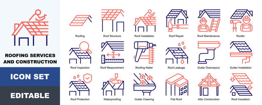 Roofing Services And Construction Icon Pack Featuring Roofing, Structure, Installation, Repair, Maintenance, Roofer, Inspection, Measurement