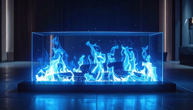 Blue glowing glass fire display.