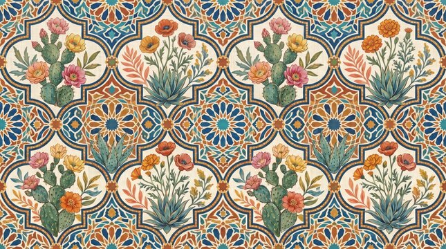 Moroccan tile pattern with intricate floral and geometric zellige inspired elements, moroccan