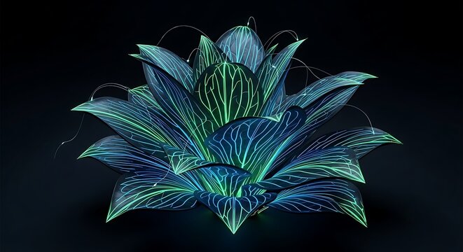 Futuristic Bioluminescent Botanical Plant with Glowing Blue and Green Veins, Abstract Neon Foliage, Sci Fi Nature Inspired 3D Illustration
