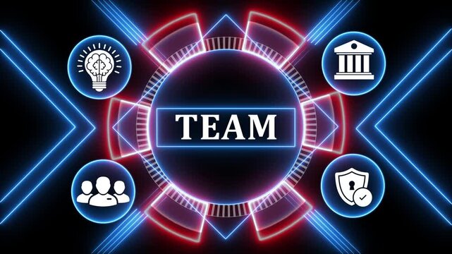 Business team building concept animated presentation with glowing neon light effects.
