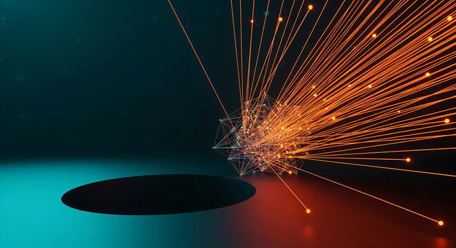 Abstract glowing network structure emerging from a dark void with orange light particles, representing data flow, digital transformation, and technological innovation for IT solutions, AI