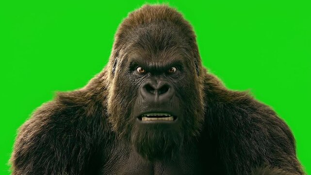 Relaxed Gorilla Transitioning to Annoyed Disbelief, Looking Down, Green Screen Chroma Key.