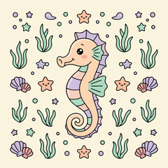 Obraz premium Colorful Cartoon Seahorse Underwater Scene.