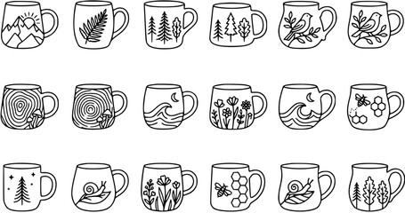 Black and White Line Art Nature Themed Mugs Collection. Hand-drawn Outline Outdoor Lifestyle Coffee Cups and Tea Mug Vector Illustrations. © ilaalaa