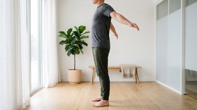 Mature man doing standing chest opening stretch exercise at home