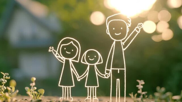Hand-drawn stick figure family of three holding hands outdoors with bright sunlight and natural greenery background in carefree moment