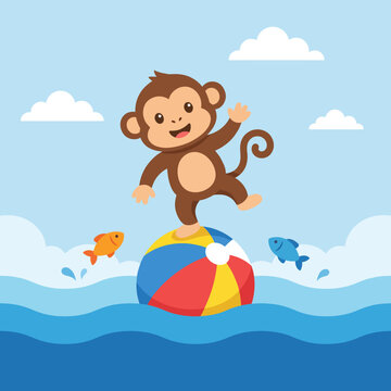This cheerful monkey character playfully balances on a colorful beach ball amidst a water scene, making it an engaging design ideal for children's entertainment and summer themes.
