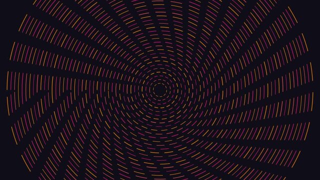 Abstract circular motion background, with rotating neon, dashed lines in, purple and gold, rotation