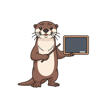 A cute brown cartoon otter stands and holds a small blackboard and a pointer stick, looking like a teacher ready to give a lesson.