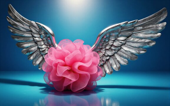 Pink flower with silver wings against a vibrant blue background.