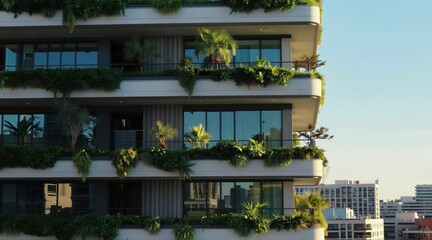 Obraz premium Modern apartment building features balconies overflowing with green plants. Urban architecture blends nature within cityscape. Residences boast abundant plants, creating tranquil spaces amid busy
